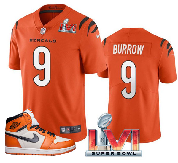 Men's Bengals #9 Joe Burrow 2022 Orange Super Bowl LVI Stitched Jersey + AJ 1 Shoes